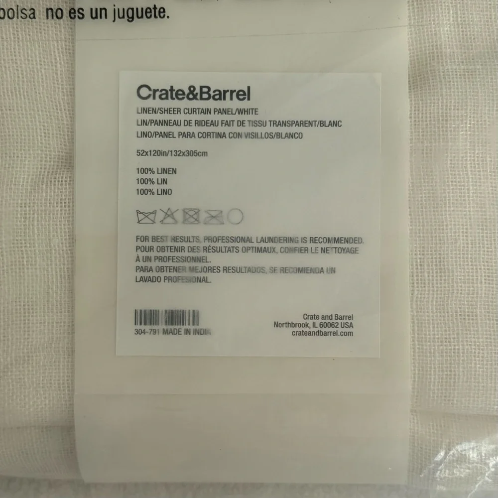 Crate&Barrel White Linen Sheer Curtain Panel